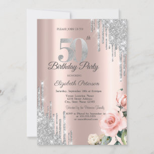 Invitation Gouttes de paillettes d'argent Roses Or rose 50ème