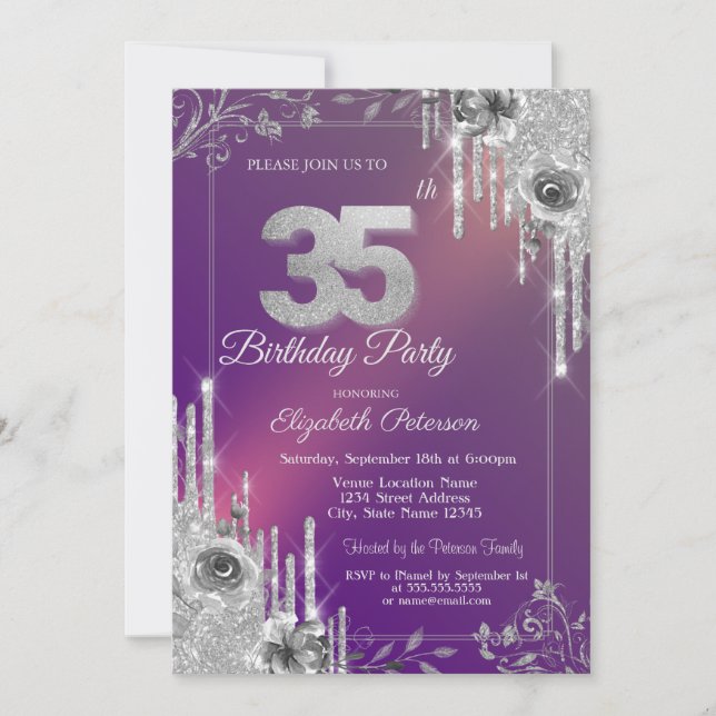 Invitation Gouttes de paillettes d'argent Roses violettes 35e (Devant)
