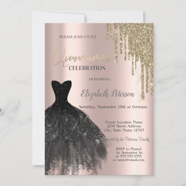 Invitation Gouttes de Paillettes d'Or Luxe, Robe 15e Annivers (Devant)