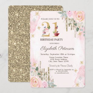 Invitation Gouttes de paillettes dorées Fleur Rose 21e Anniv