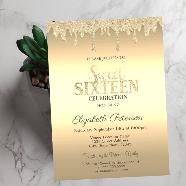 Invitation Gouttes de paillettes dorées Sweet 16 (Créateur téléchargé)