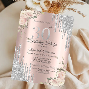 Invitation Gouttes de Paillettes, Fleurs Rose Gold 30e Annive