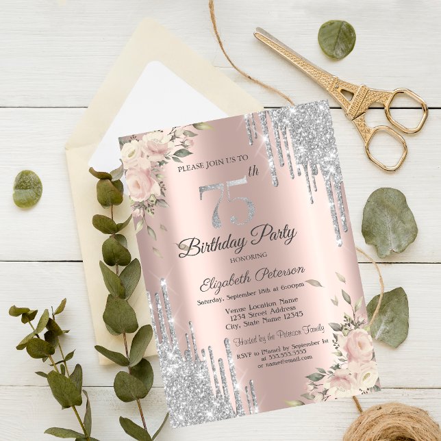 Invitation Gouttes de paillettes, Fleurs Rose Gold 75e Annive (Créateur téléchargé)