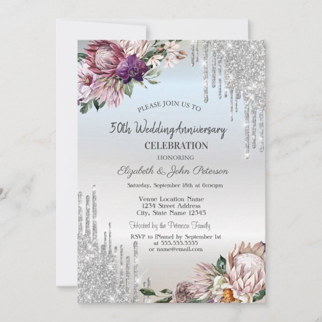 Invitation Gouttes de paillettes, Fleurs tropicales Mariage a (Devant)