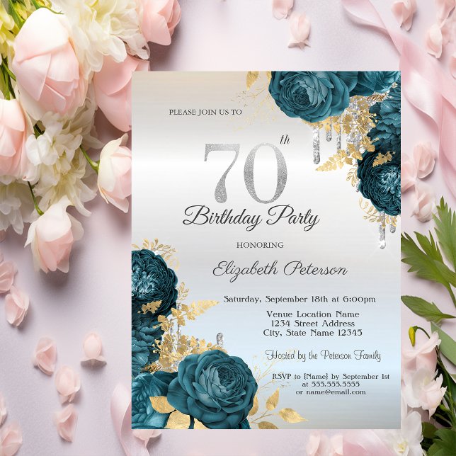 Invitation Gouttes de paillettes Fleurs Vertes Argent 70e Ann (Créateur téléchargé)