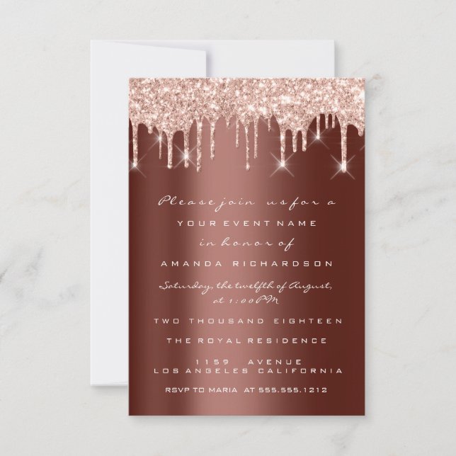 Invitation Gouttes de paillettes Rose Brun Mariage Douce 16e (Devant)