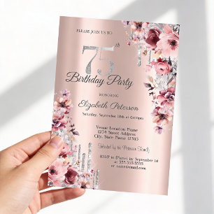 Invitation Gouttes de paillettes Rose Gold Floral 75e Anniver