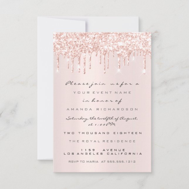 Invitation Gouttes de paillettes rose pour mariage Sweet 16 (Devant)