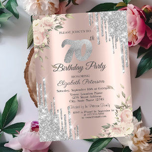 Invitation Gouttes de paillettes, Roses en or rose 70e annive
