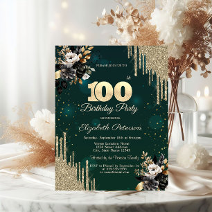 Invitation Gouttes de paillettes Roses noires Vert 100e anniv