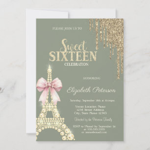 Invitation Gouttes de paillettes,Tour Eiffel avec ruban vert 