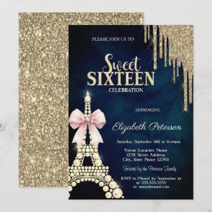 Invitation Gouttes de paillettes, Tour Eiffel noeud bleu mari