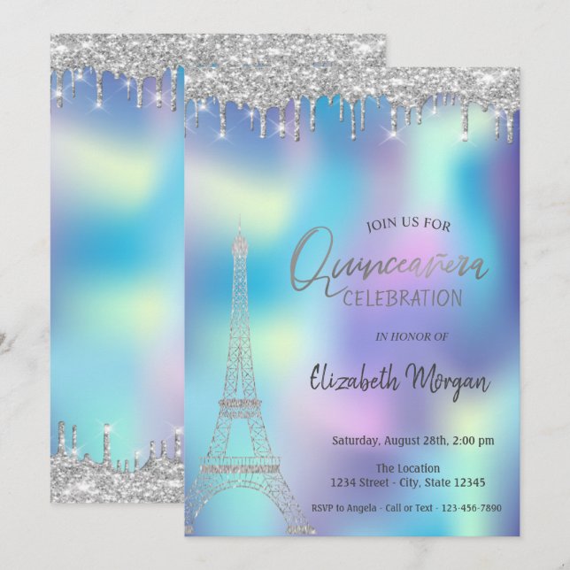Invitation Gouttes de paillettes Tour Eiffel Quinceanera holo (Devant / Derrière)