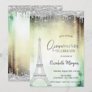 Invitation Gouttes de paillettes, Tour Eiffel Quinceanera ver