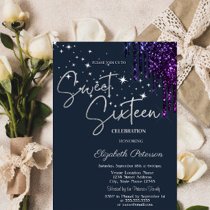 Invitation Gouttes de paillettes violet foncé, étoiles Bleu S