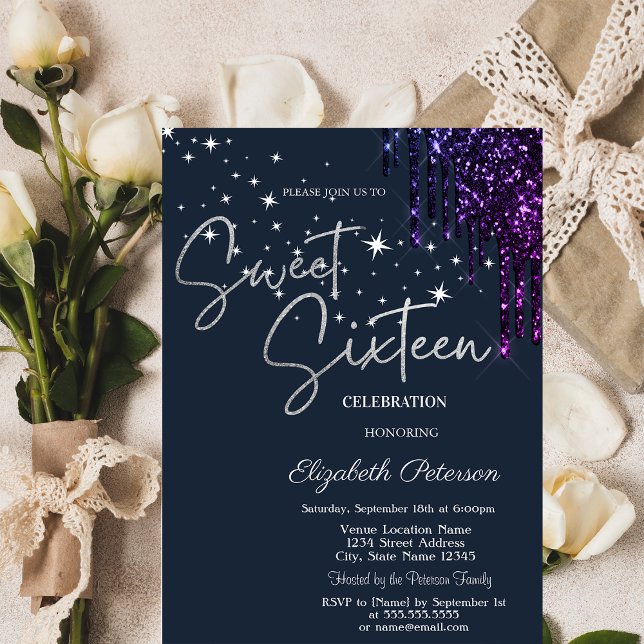 Invitation Gouttes de paillettes violet foncé, étoiles Bleu S (Créateur téléchargé)
