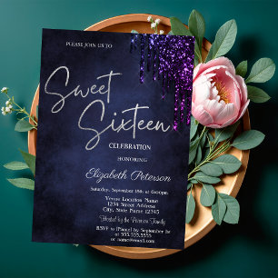 Invitation Gouttes de paillettes violet foncé, Sweet 16 bleu
