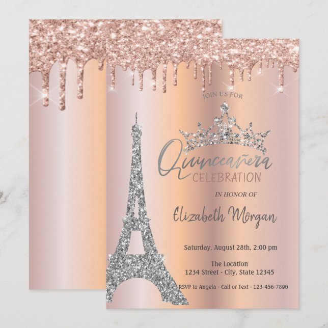 Invitation Gouttes de Tiara Rose Doré Pailleté (Devant / Derrière)