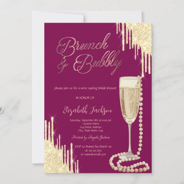 Invitation Gouttes d'Or Perles Élégantes Prosecco Enterrement (Devant)