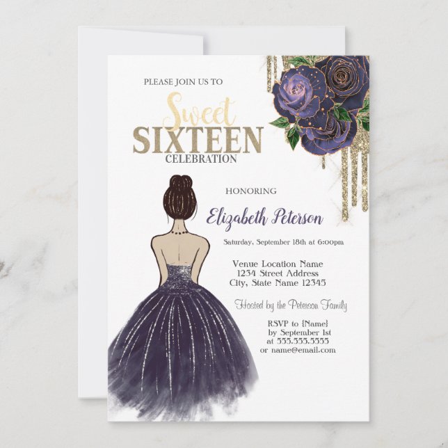 Invitation Gouttes, Robe Violette, Roses Sweet 16 (Devant)