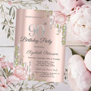 Invitation Gouttes Rose Gold Fleurs Rose 90e Anniversaire
