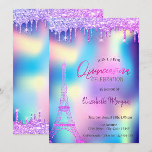 Invitation Gouttes violettes Tour Eiffel Quinceanera holograp