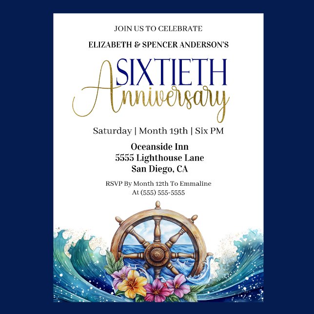 Invitation Gouvernail de navigation Noces de diamant 60e anni (Nautical 60th wedding anniversary invitation with ship wheel, ocean waves, and tropical flowers )