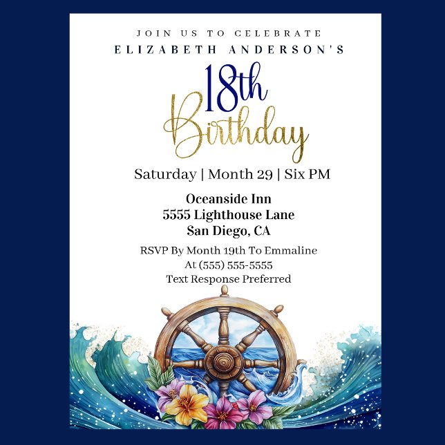 Invitation Gouvernail de navigation pour 18ème anniversaire (Nautical sailing wheel 18th birthday invitation with ocean waves and tropical flowers
)