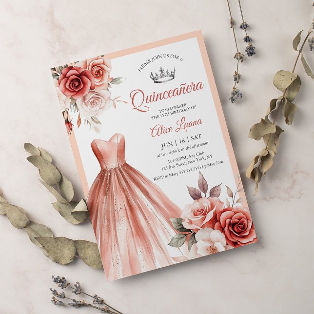 Invitation Gown étincelant Blush Floral Quinceanera or Rose (Créateur téléchargé)