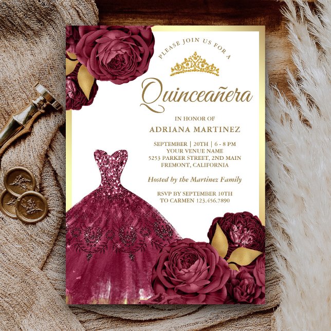 Invitation Gown étincelant Bourgogne Floral Or Quinceanera (Créateur téléchargé)