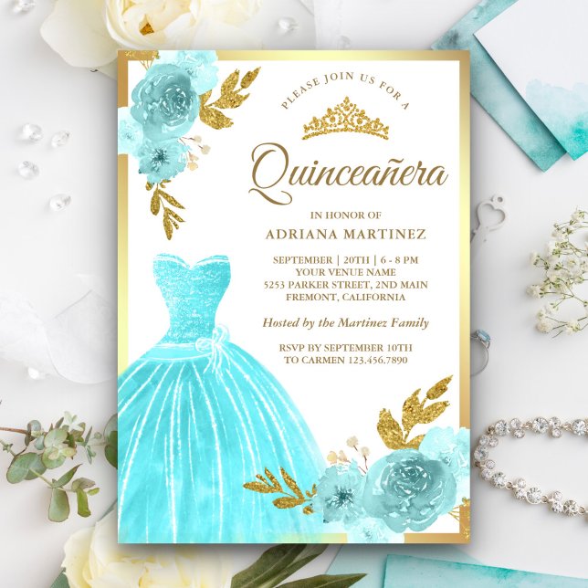 Invitation Gown étincelante Aqua Blue Floral Gold Quinceanera (Créateur téléchargé)