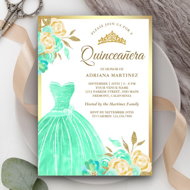 Invitation Gown étincelante Monnaie vert Floral Or Quinceaner (Créateur téléchargé)