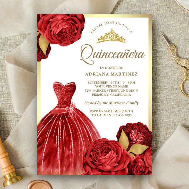 Invitation Gown étincelante Roses rouges Quinceanera or (Créateur téléchargé)