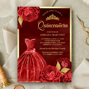 Invitation Gown étincelante Rouge Roses Maroon Or Quinceanera