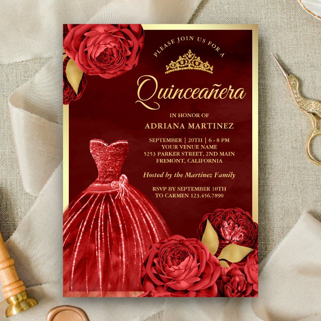 Invitation Gown étincelante Rouge Roses Maroon Or Quinceanera (Créateur téléchargé)