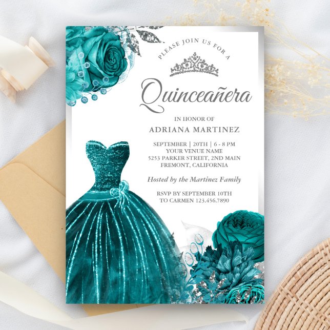Invitation Gown Turquoise Roses argent Quinceanera (Créateur téléchargé)