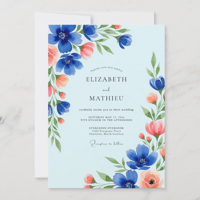 Invitation Grâce Botanique Bleu Cobalt pour Mariage (Devant)