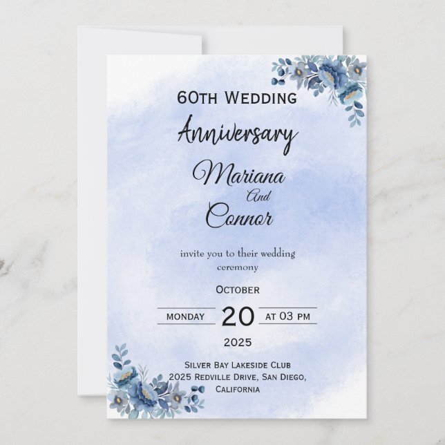 Invitation Graceful Blue Floral Wedding Anniversary Invitatio (Devant)