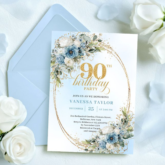 Invitation Graceful Bohemian Blue White Floral 90th Birthday (Graceful Bohemian Blue White Floral 90th Birthday)