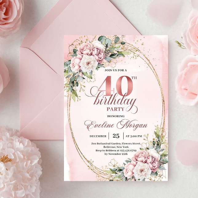 Invitation Graceful Bohemian Blush Floral Gold 40th Birthday (Graceful Bohemian Blush Floral 40th Birthday Invitation)