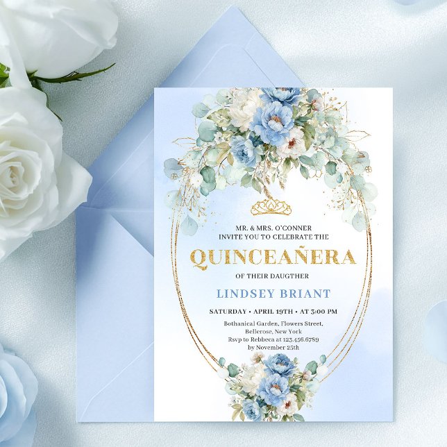 Invitation Graceful Boho Blue Peonies Eucalyptus Quinceañera (Graceful Blue Peonies Eucalyptus Quinceañera Invitation)
