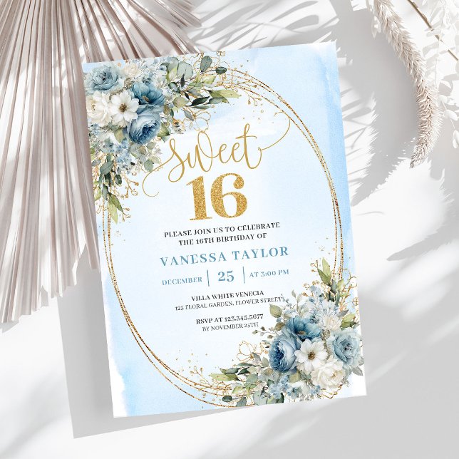 Invitation Graceful Dusty Blue Floral Sweet Sixteen Invites (Graceful Dusty Blue Floral Sweet Sixteen Invitation)