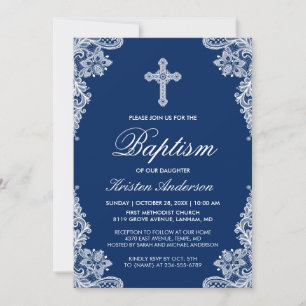 Invitation Graceful Navy Blue Lace Cross Baptism Photo Invita