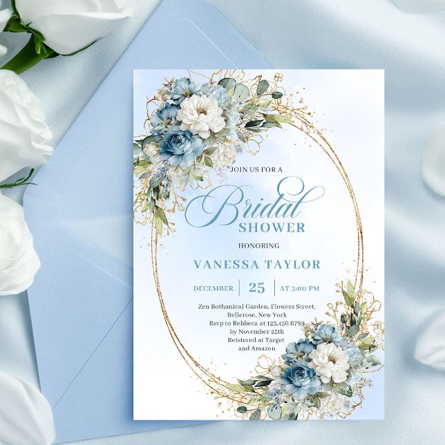 Invitation Grâceuse poussiéreuse bleue florale eucalyptus mar (Graceful Dusty Blue Floral Eucalyptus Bridal Shower Invite)