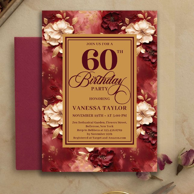Invitation gracieuse pour les 60 ans en Merlot Blu (Graceful 60th Birthday Merlot Blush Gold Invitation)