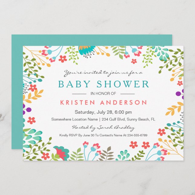 Invitation Gracity Blue Floral Baby shower mignon (Devant / Derrière)