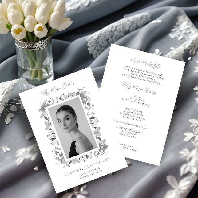 Invitation Gracity Floral Contemporary Grey Shades Photo (Charming Graceful Floral Contemporary Grey Shades Personalized Photo Grad Invitation Card.)
