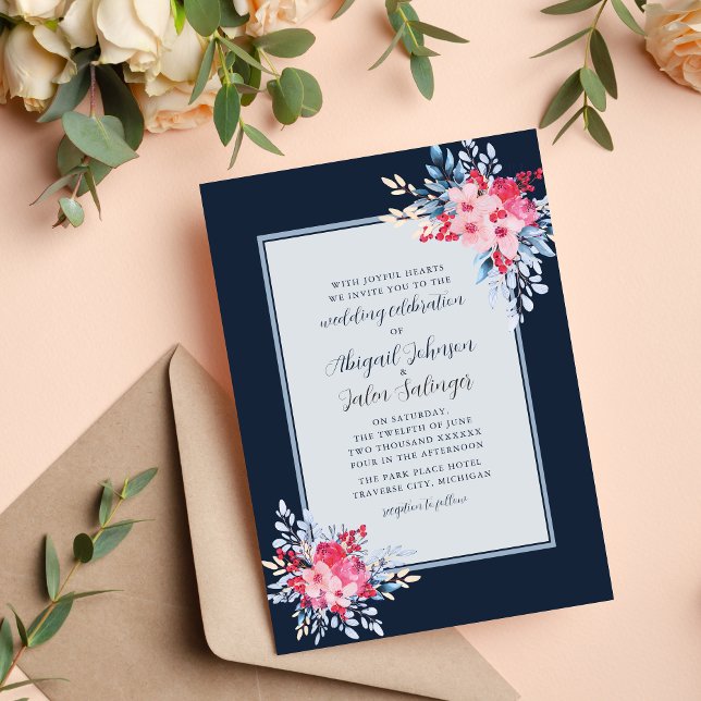 Invitation Gracy Floral rose et Dusty Blue Mariage (Créateur téléchargé)