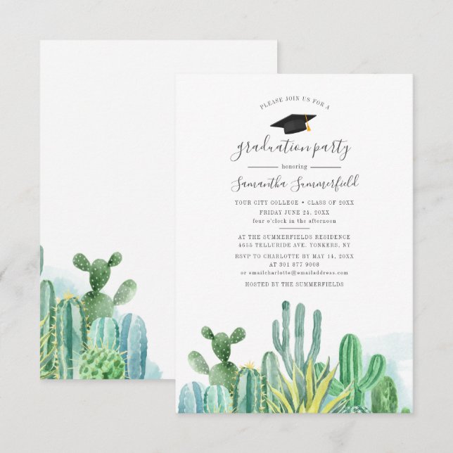 Invitation Grad 2022 Cactus Botanical Boho Graduation Party (Devant / Derrière)