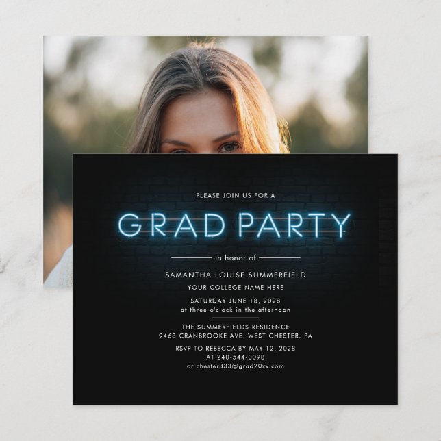 Invitation Grad 2022 Photo Blue Neon Graduation Party (Devant / Derrière)